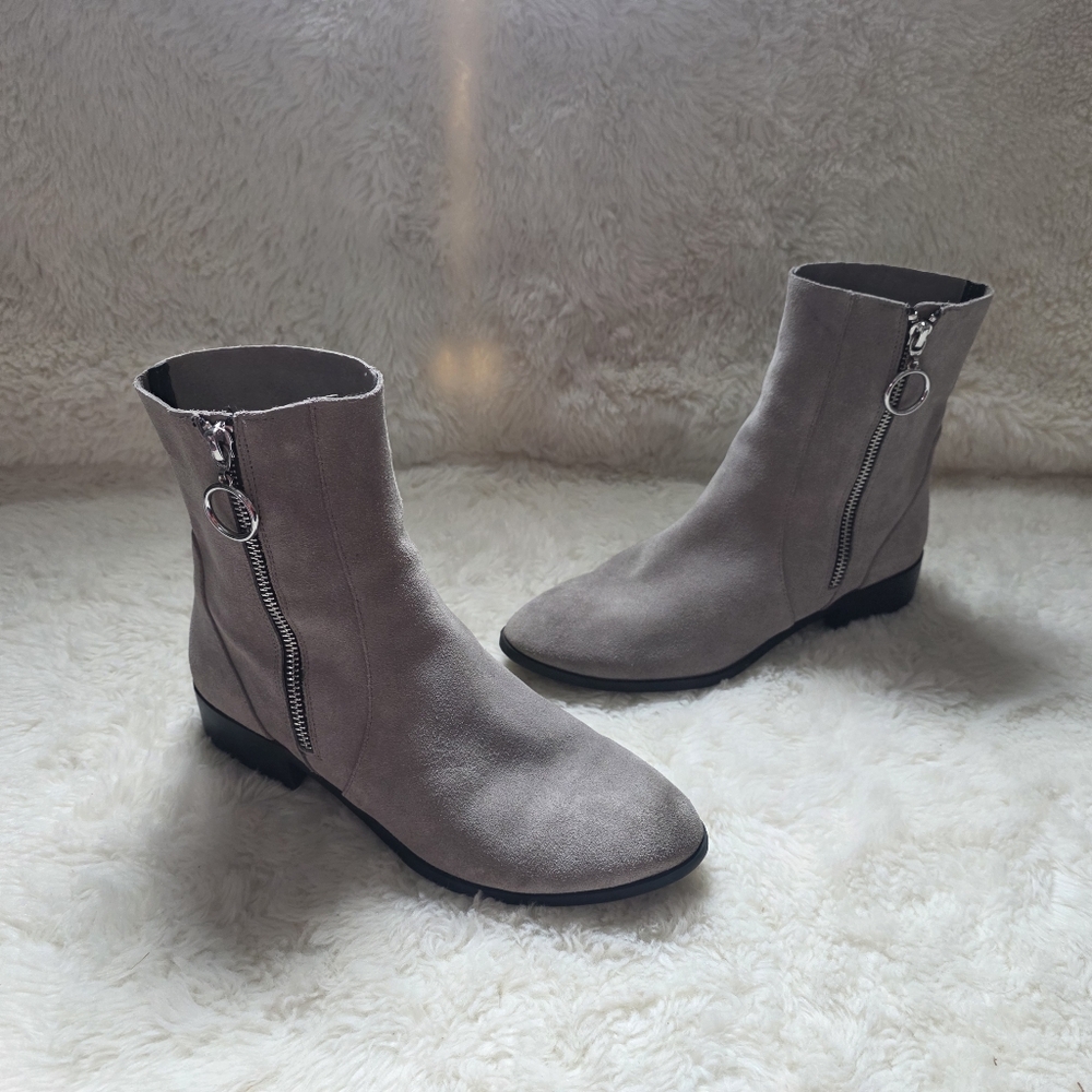 Topshop Kick Grey Suede Ring Pull Zip Ankle Boots Booties Size 7.5 EU 38 Chic
